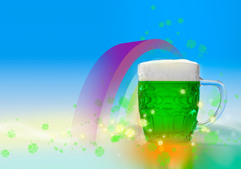 A glass of green beer against the background of a rainbow and clover leaves. St. Patrick's Day holiday concept