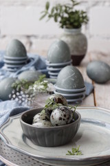 Easter still life. Chicken eggs painted with a decoction of hibiscus and turmeric.