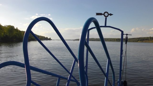 Boat trip on the Volga river. View from the nose of the ship on the water. 