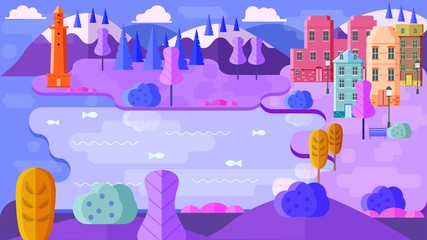 Obraz premium A delightful colorful mountain landscape with forest, houses, and a lake where fish swims. The lighthouse lights the way for ships. Vector illustration in flat style. eps 10