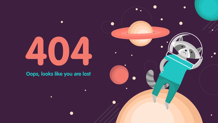 Space landscape background with lost raccoon and planetes. 404 error not found page web design. Vector cartoon illustration © Kseniia_Fast