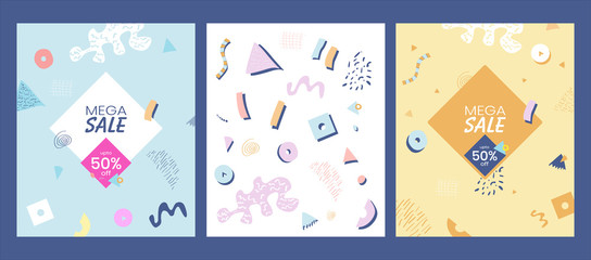 Posters with Memphis style for Social Media banner or Social Media stories