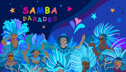 2024 Abstract Rio Brazilian Carnival music dance festival night party Samba dancer parade Sambadrome, New Orleans, Mardi Gras, notting hill, Venezia costume exotic tropical palm leaves set vector