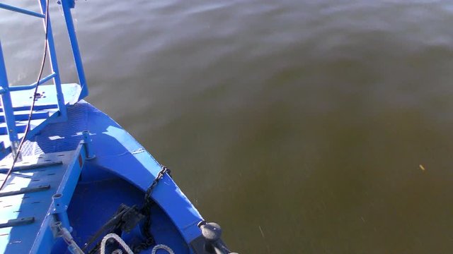 View from the nose of the ship on the water. Boat trip on the Volga river.