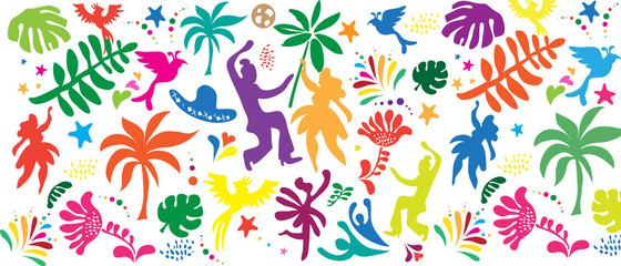 2024 Abstract Rio Brazilian Carnival music dance festival night party Samba dancer parade Sambadrome pattern, New Orleans, Mardi Gras, notting hill, Venezia costume exotic tropical palm set vector - obrazy, fototapety, plakaty