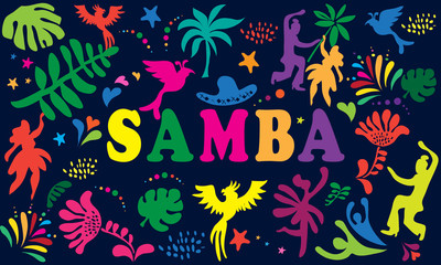 Fototapeta na wymiar 2024 Abstract Rio Brazilian Carnival music dance festival night party Samba dancer parade Sambadrome, New Orleans, Mardi Gras, notting hill, Venezia costume exotic tropical palm leaves set vector