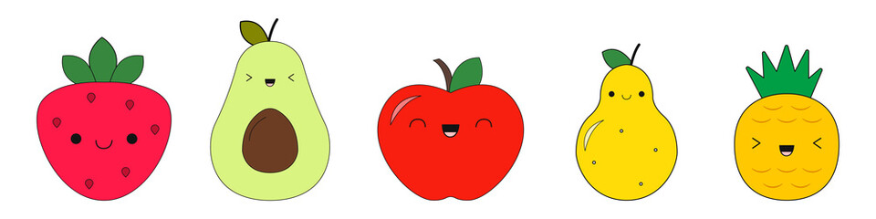 Food icons. Fruit. Kawaii style. Set. Funny cartoon food with facial expression and emotions. Collection. Vector illustration