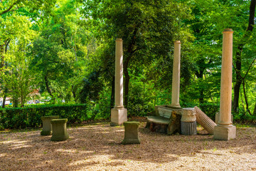 Rome, Vatican City, Italy - Pope John Paul II bench within the English Garden section of the Vatican Gardens in the Vatican City State