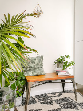 Small seating nook in Scandinavian design with lots of natural bright light and green houseplants creating a green oasis