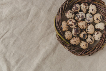 Quail eggs in a nest on a rustic style linen background. Easter and healthy eating concept. Flat lay style.