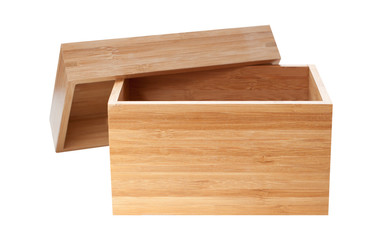 Empty wooden box for your packaging isolated on white background top view.