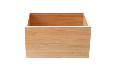 Empty wooden box for your packaging isolated on white background top view.