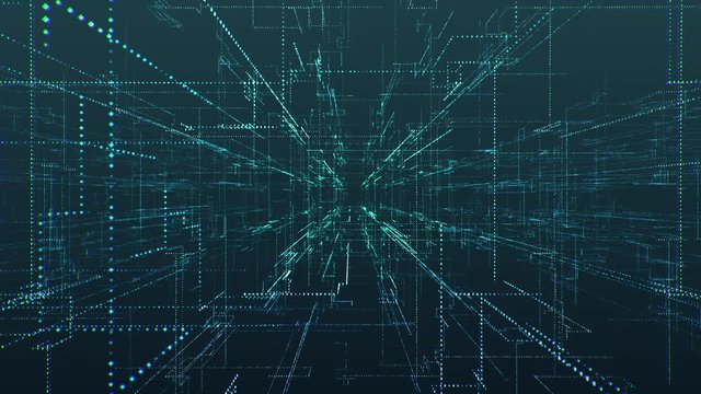 Abstract 3D animation of cyberspace. Streams of big data in Internet space. Bits, bytes and binary code in 3D grid formation and networked elements. Technology and business concept in 4K