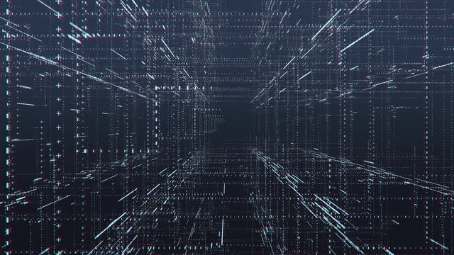 Abstract 3D animation of cyberspace. Streams of big data in Internet space. Bits, bytes and binary code in 3D grid formation and networked elements. Technology and business concept in 4K