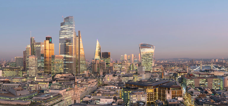 City of London, Square Mile, panorama shows completed 22 Bishopsgate tower, London