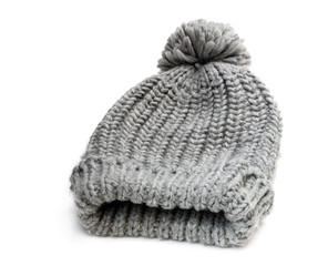 Gray knitted hat isolated on white