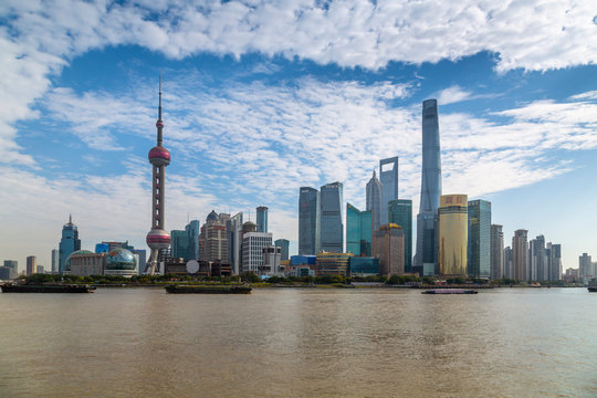 View of Pudong Skyline and Huangpu River from the Bund, Shanghai, China