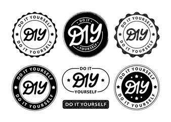 DIY do it yourself. Lettering abbreviation logo circle stamp set. Vector illustration. Round Template for print design label, badge rubber seal stamp on white background. Black color