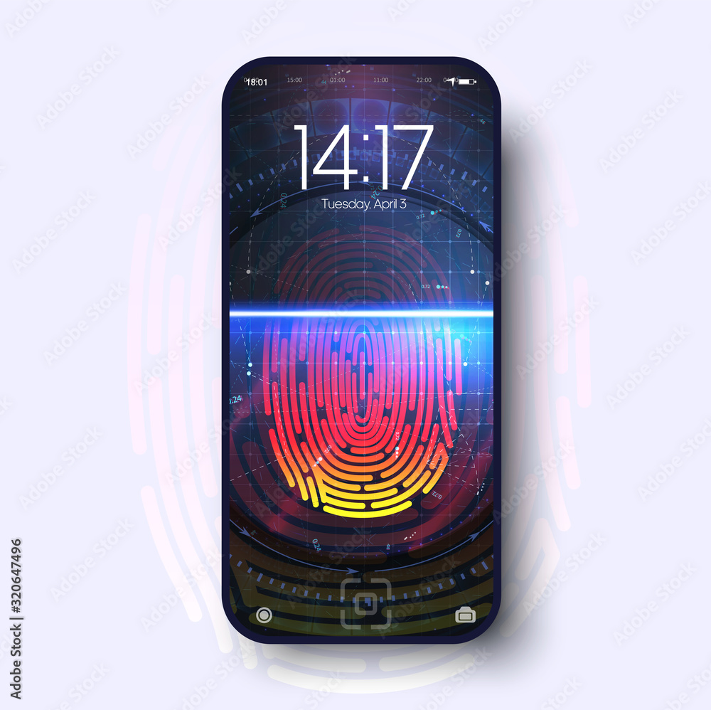 Leinwandbilder Futuristic design the Smartphone with fingerprint app on screen the concept is access to smart phone by fingerprint. Finger scanning screen. Flat UI. Phone display with fingerprint in hud style.