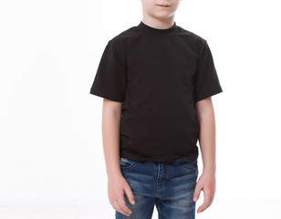 t-shirt design and people concept - close up of young man in blank black t-shirt, shirt front and rear isolated.