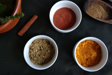 variety of spices on black background