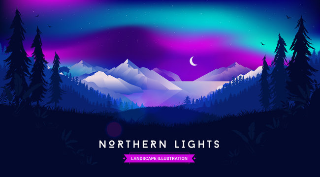 Northern lights landscape illustration - Beautiful night sky with moon and stars, view from forest over the ocean and mountains. Night scene background and wallpaper concept. Vector EPS