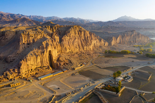 Aerial by drone of the site of the great Buddhas in Bamyan (Bamiyan), taken in 2019, post destruction, Afghanistan