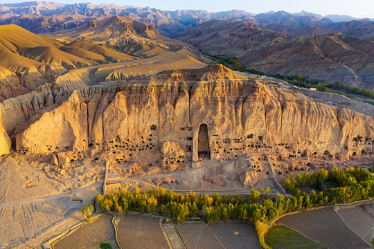Aerial by drone of the site of the great Buddhas in Bamyan (Bamiyan), taken in 2019, post destruction, Afghanistan
