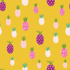 Abstract summer pineapples seamless vector pattern. Repeating colorful tropical background. Hand drawn exotic fruit isolated in cartoon doodle style. For fabric, summer decoration, packaging, kids