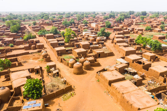 Aerial by drone of the central Mosque in the Hausa village of Yaama, Niger, West Africa