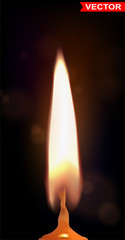 Realistic thin yellow paraffin or wax burning candle with fire flame. On dark black background. Vector closeup icon.