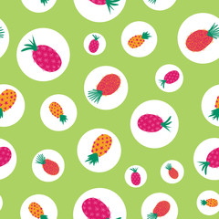 Abstract summer pineapples seamless vector background. Repeating pattern with polka dots tropical green background. Hand drawn exotic fruit isolated. For fabric, summer decoration, packaging, kids