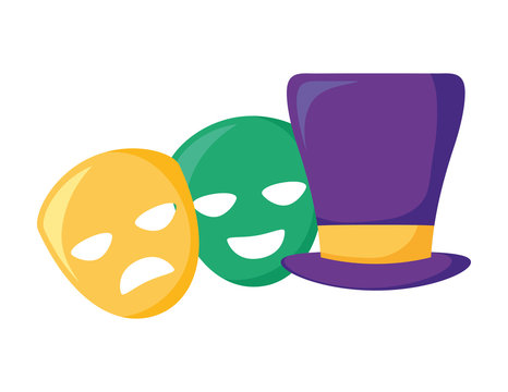 Isolated Mardi Gras Happy Sad Masks And Hat Vector Design