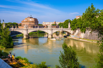 Rome, Italy - Panoramic view of Rome with Castle of St. Angel - Castel Sant’Angelo - and Ponte...