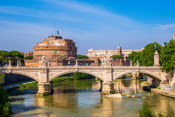 Rome, Italy - Panoramic view of Rome with Castle of St. Angel - Castel Sant’Angelo - and Ponte...