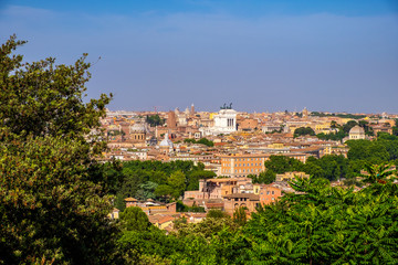Fototapeta na wymiar Rome, Italy - Panoramic view of the Rome city center seen from the Janiculum Hill - Gianicolo - within the Trastevere district of Rome
