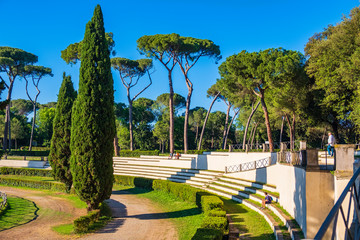 Rome, Italy - Piazza di Siena square, wide arena and outdoor park, within the Villa Borghese park...