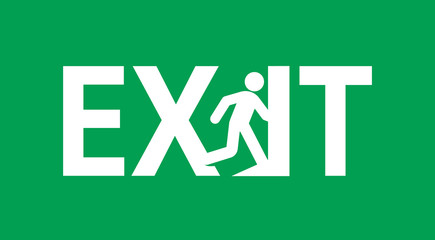 Emergency exit door sign vector illustration.Service icon of evacuation. Direction to doorway on green background
