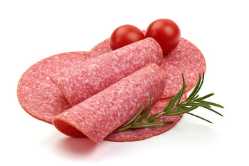 Sliced Salami smoked sausage, isolated on white background