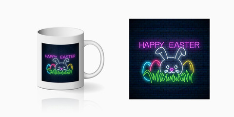 Neon happy easter sign print for cup design. Easter funny greeting design, banner in neon style and mug mockup.