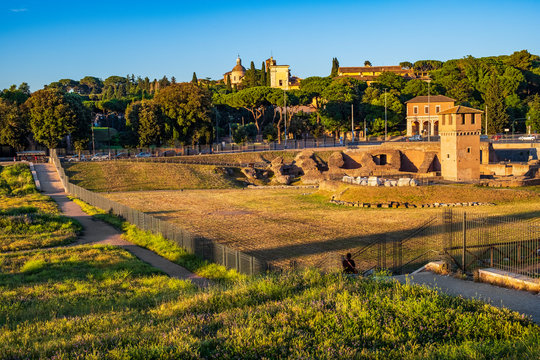 Rome, Italy - Archeological site, ruins remaining of the ancient roman arena Circus Maximus - Circo Massimo