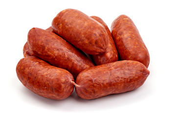 Traditional spanish Chorizo sausages, isolated on white background