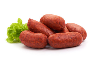Chorizo Sausages with lettuce, isolated on white background