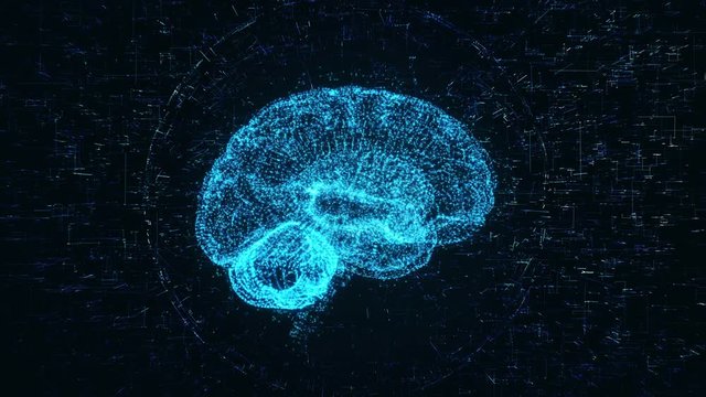 Artificial Intelligence. Neural Network. 3D Loop Render Animation of Cyber Human Brain Rotating in Digital Wireframe. Digital Model Illustrating Brain Particles Neuronal Thinking Activity for Medicine