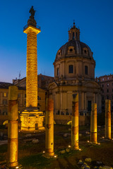 Rome, Italy - Evening view of the Roman Forum - Foro Romano - with Trajan’s Forum, Trajan’s Column and the Church of Most Holy Name of Mary at the Trajan Forum