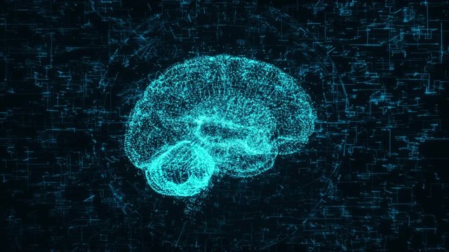 Neuronal Activity. 3D Render Animation. Digital Conceptual Model of Human Brain Plexus Structure Glowing Dots Rotating on Black Background. Brain User Interface with Skull Scan, Nerve Cells and Digits