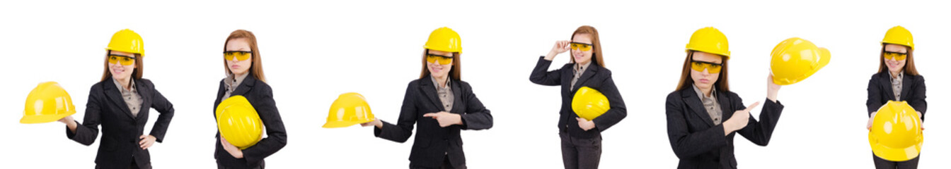 Woman construction worker isolated on white