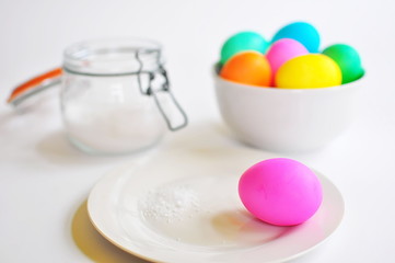 Easter breakfast with colored Easter eggs
