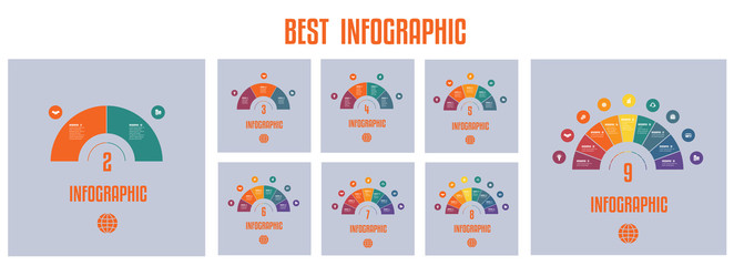  Infographics. Templates from colourful Parts Semicircle with text areas on 2 3 4 5 6 7 8 9  positions. - 320654655
