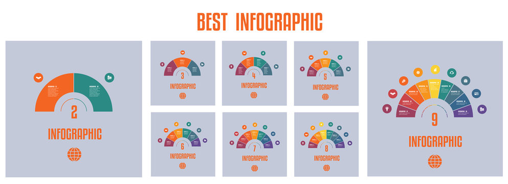  Infographics. Templates from colourful Parts Semicircle with text areas on 2 3 4 5 6 7 8 9  positions.